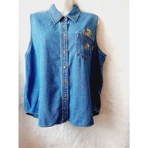 Vintage Y2K Looney toons embroidered XL tweety sleeveless Denim shirt